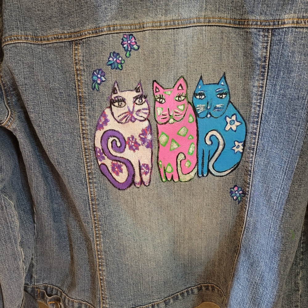 Hand painted Cat Jean Jacket Chico's size 2